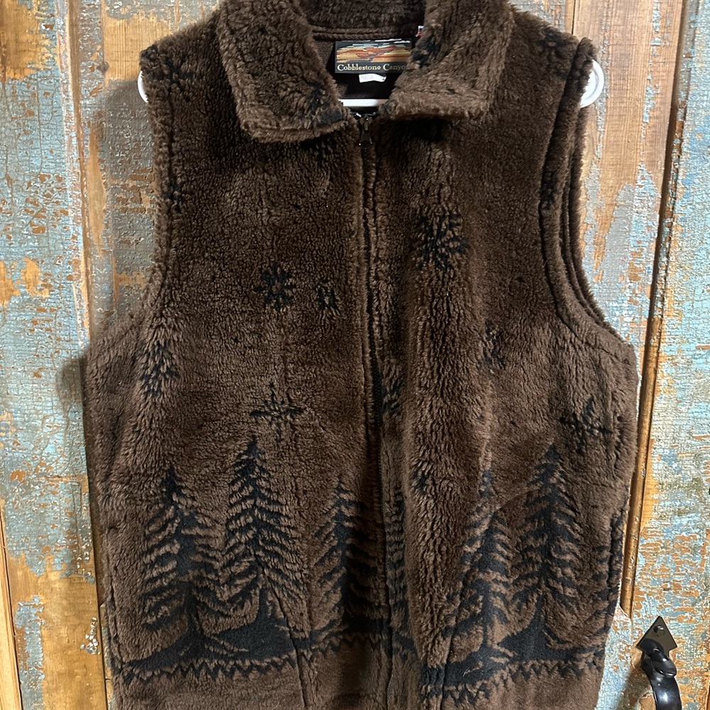 Women Vintage Cobblestone Canyon Brown Soft Fleece Vest XL USA Pine Trees